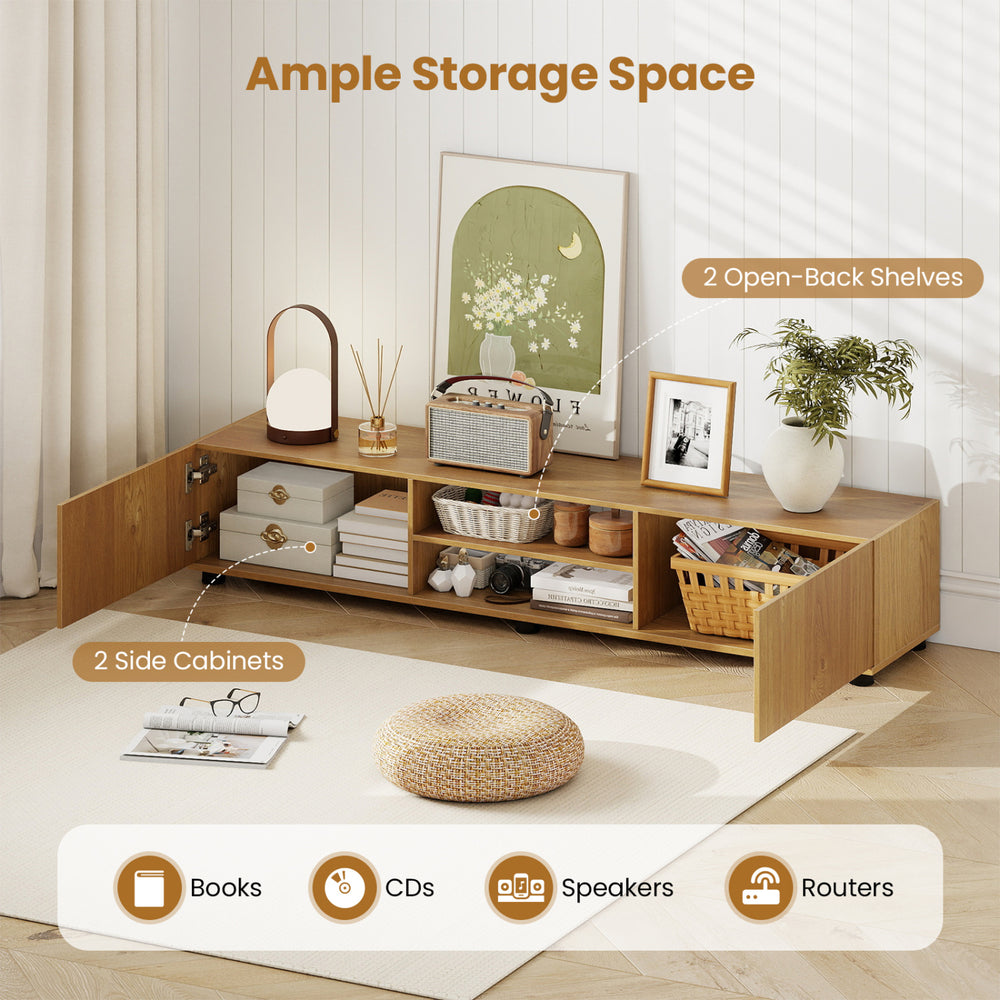 Modern TV stand with natural finish, featuring 2 side cabinets and 2 open-back shelves for organized media storage.