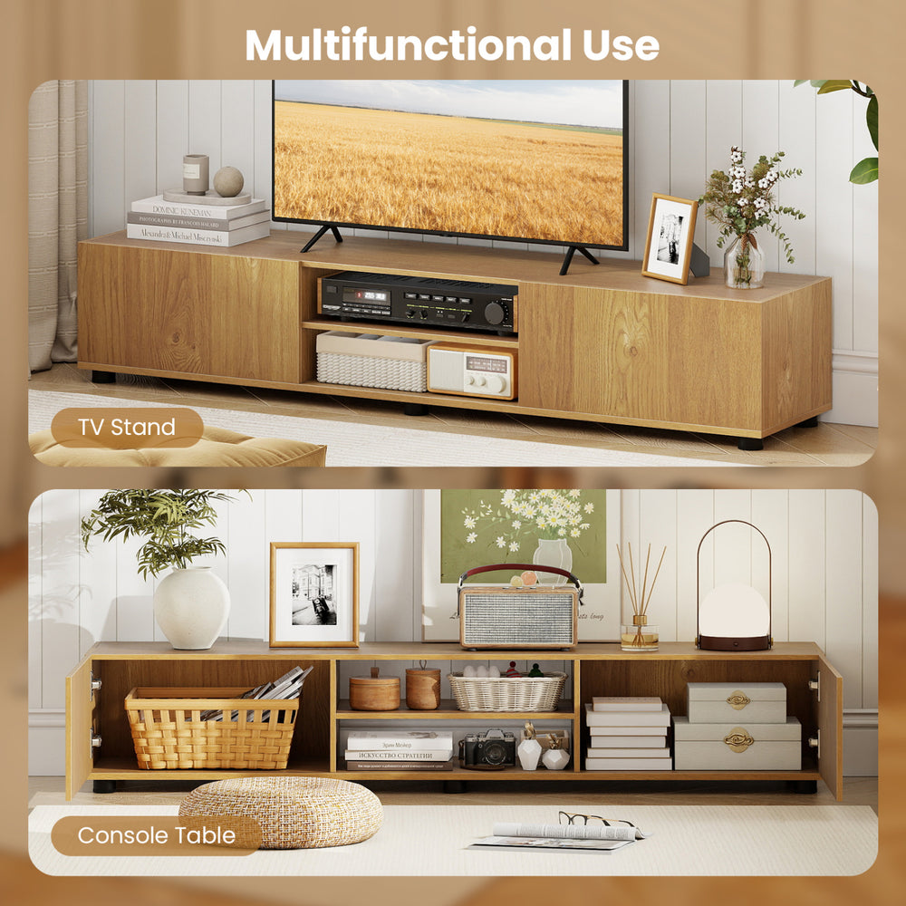 Modern TV stand in natural finish, featuring open shelves and side cabinets for organized media storage and.