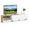 Modern TV stand in white with oak accents, designed for 80-inch TVs, featuring storage shelves and cabinets.