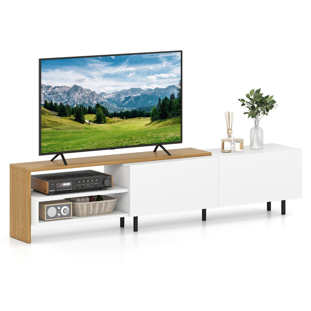 Modern TV stand in white with oak accents, designed for 80-inch TVs, featuring storage shelves and cabinets.