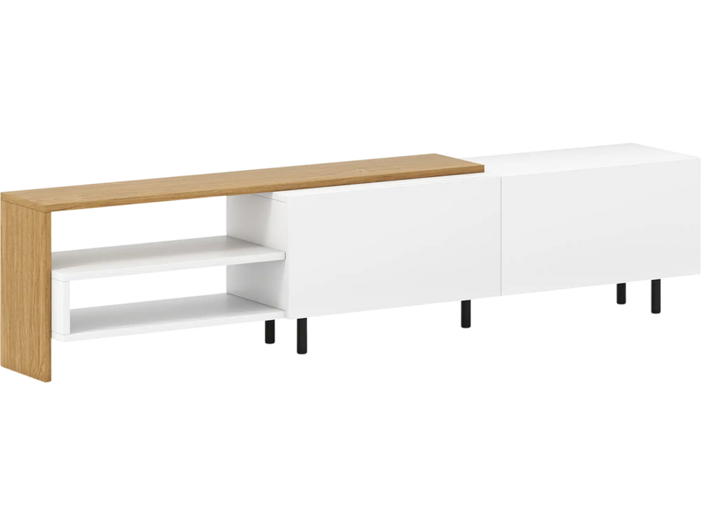 Modern TV stand in white with oak accents, featuring storage shelves and cabinets for 80-inch TVs.