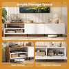 Modern TV stand in white with open shelves and two flip door cabinets, designed for 80-inch TVs and ample storage.