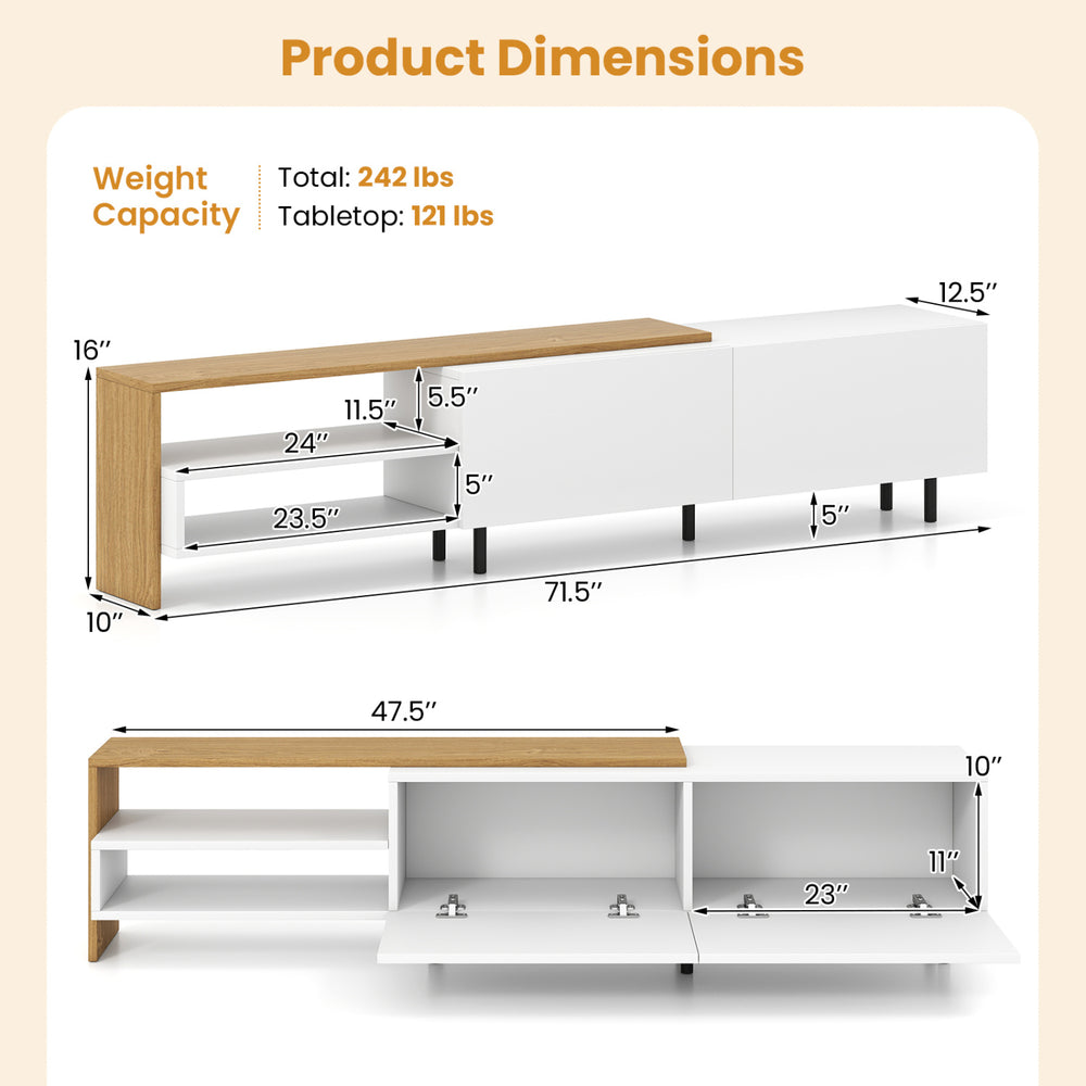 Dimensions of the Modern TV Stand for 80 inches TVs, featuring storage shelves and cabinets in white finish.
