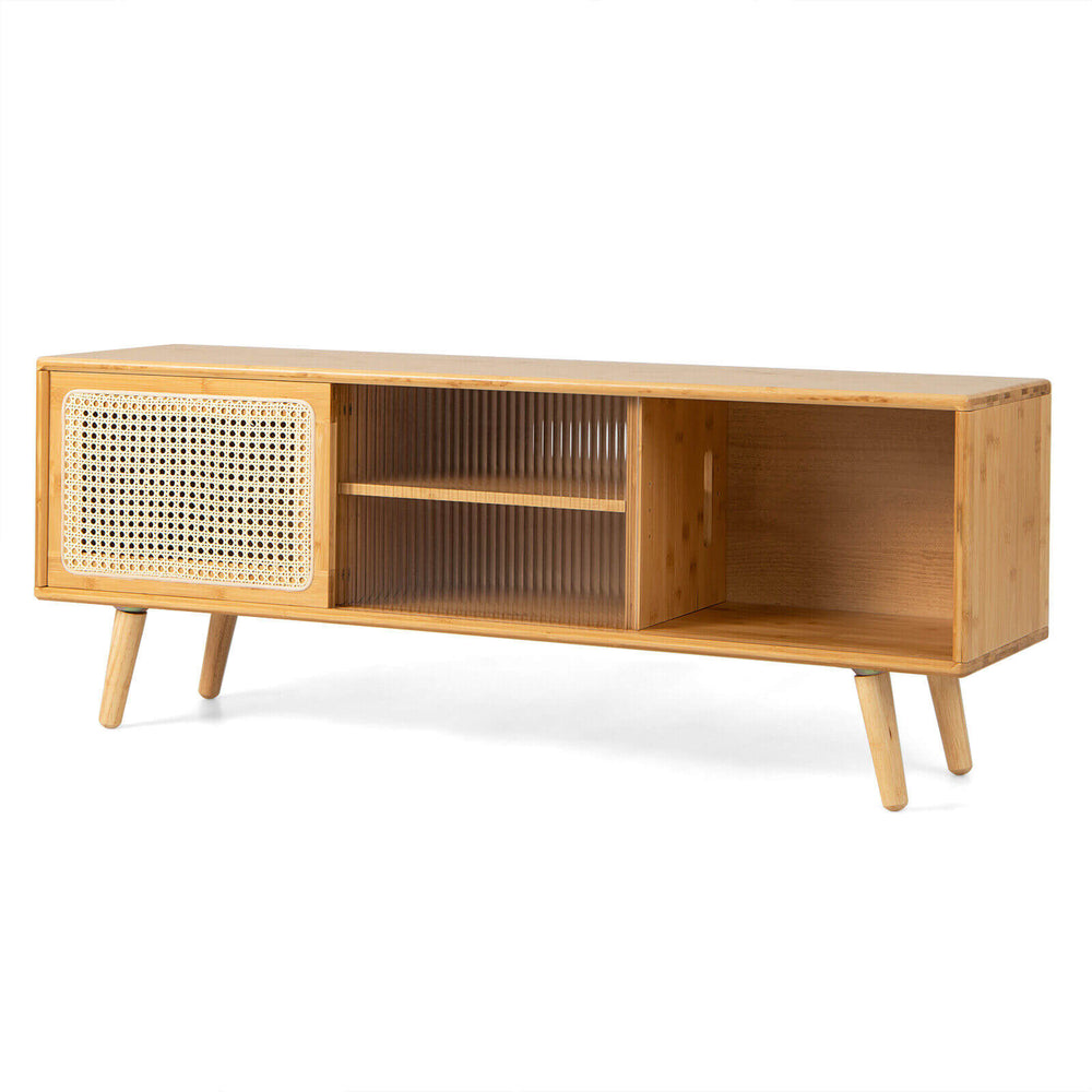Modern TV stand in natural bamboo with rattan sliding doors and adjustable shelves for stylish storage.