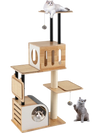 Modern tall cat tower with double condos, sisal carpets, and dangling balls for playful feline exploration.