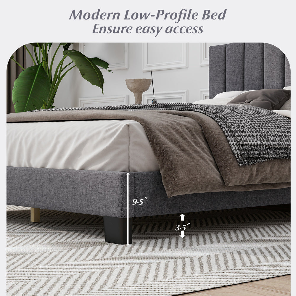 Modern low-profile upholstered bed frame with adjustable headboard, featuring a 9.5" height for easy access.