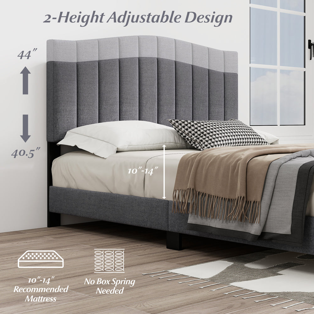 Queen size modern upholstered bed frame with adjustable tufted headboard, designed for 10"-14" mattresses, no box.