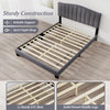 Queen size modern upholstered bed frame showcasing sturdy LVL slats and adjustable tufted headboard for reliable.