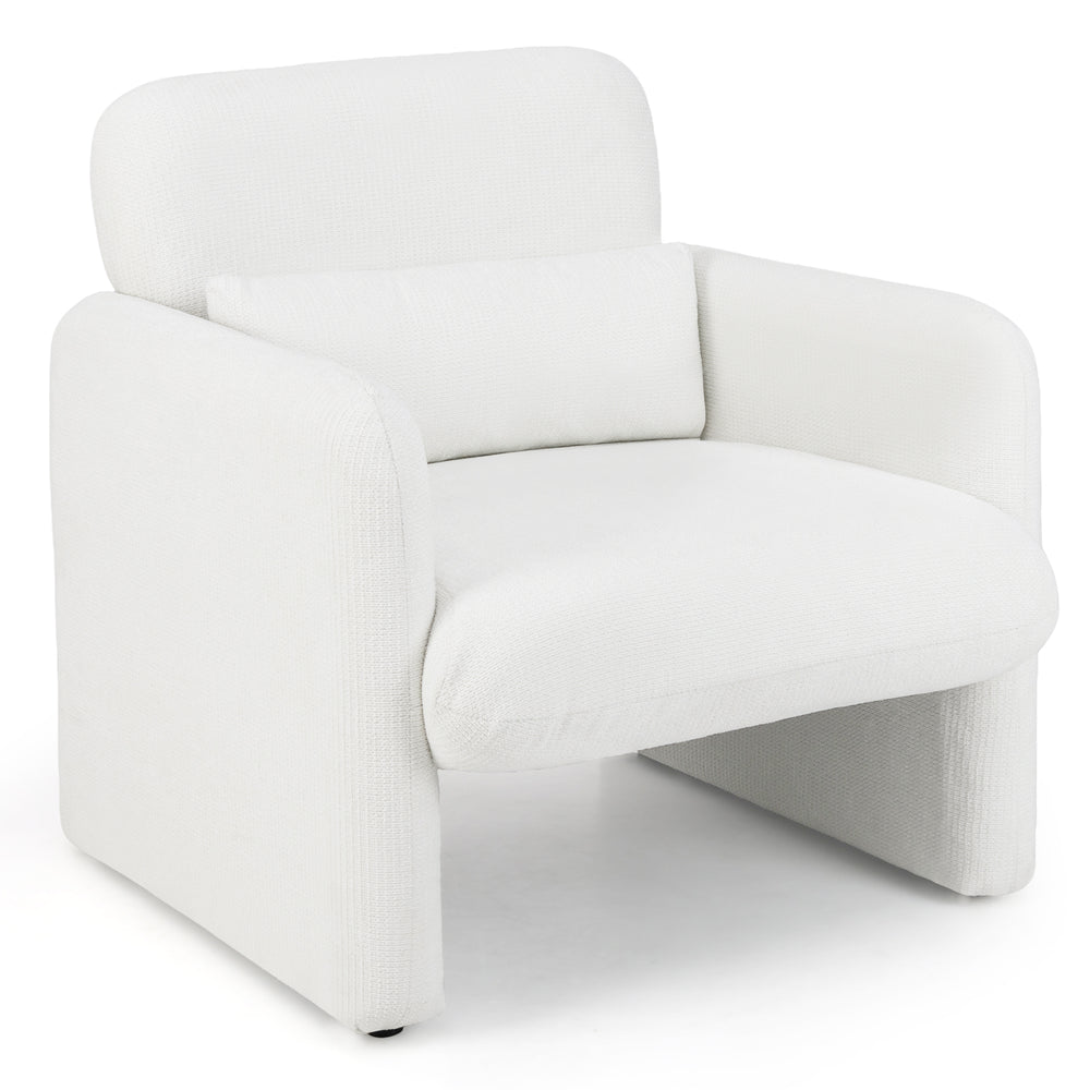 Modern upholstered chenille accent chair in white with a removable lumbar pillow, ideal for living room comfort.