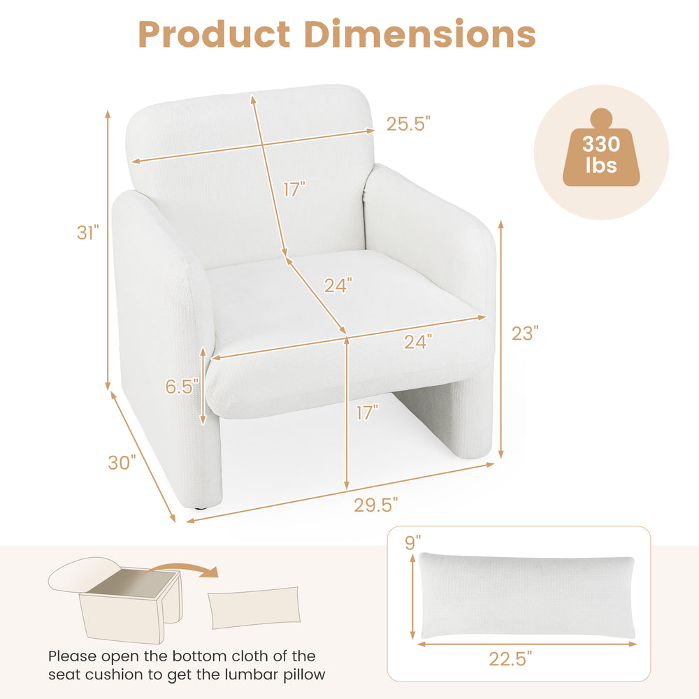 Modern upholstered chenille accent chair in white with removable lumbar pillow, designed for ergonomic comfort and.