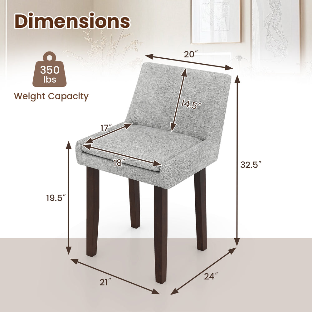Gray upholstered leisure chair dimensions with solid rubber wood legs, ideal for modern living or dining rooms.
