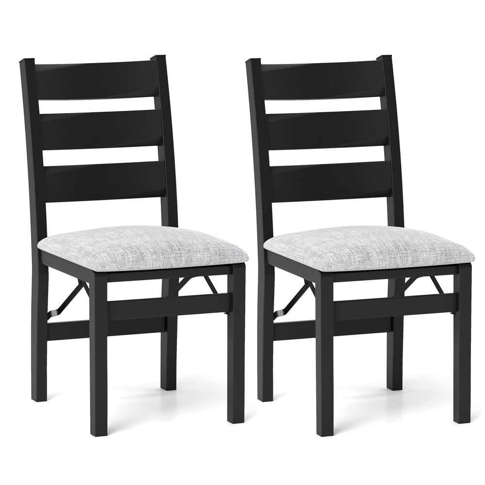 Set of 2 black modern upholstered folding chairs with comfy backrest and cushioned seat for dining or gatherings.