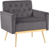 Gray velvet accent chair with button-tufted backrest and gold metal legs, perfect for living rooms or offices.