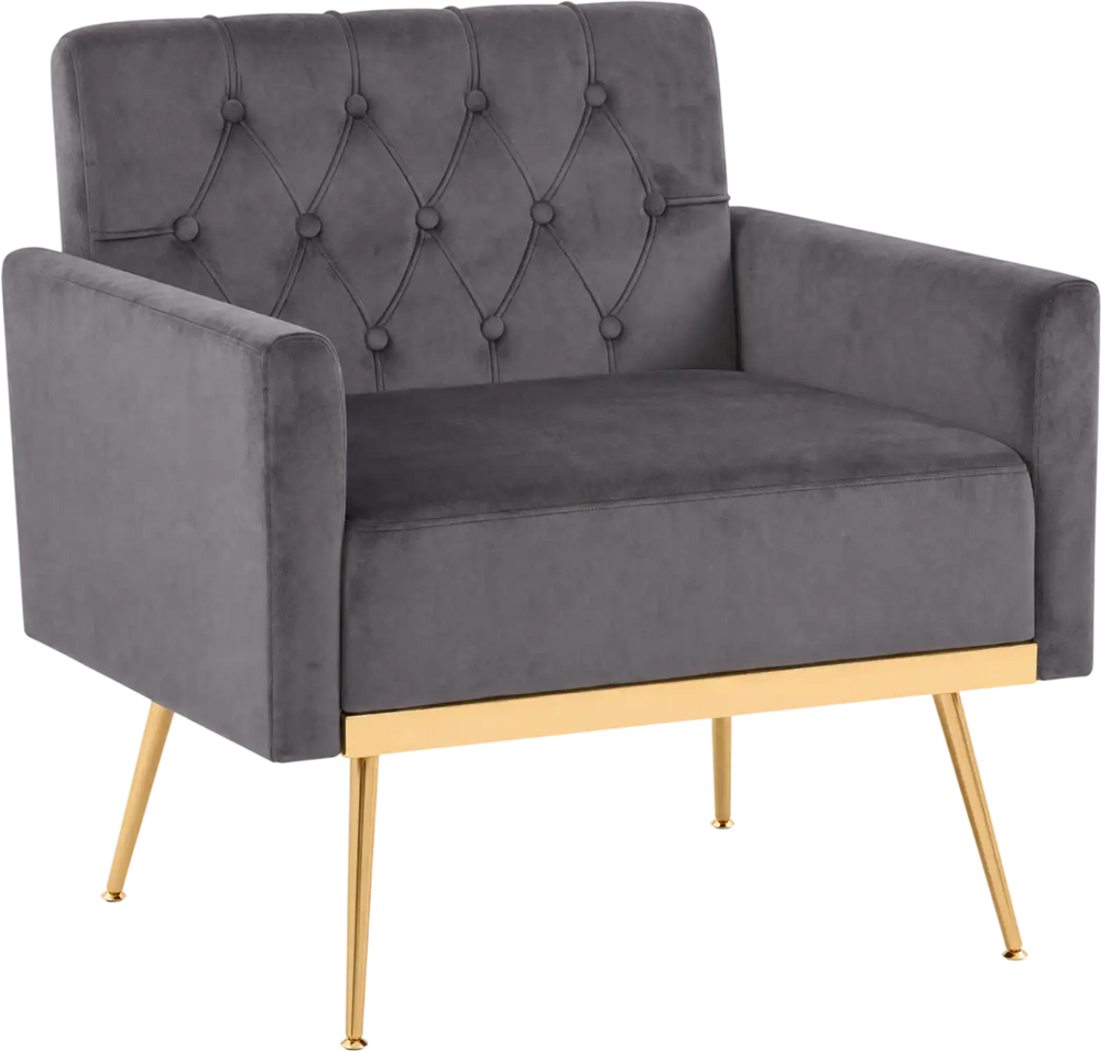 Gray velvet accent chair with button-tufted backrest and gold metal legs, perfect for living rooms or offices.