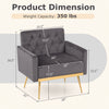 Gray modern velvet upholstered accent chair with button-tufted back, adjustable feet, and a weight capacity of 350 lbs.