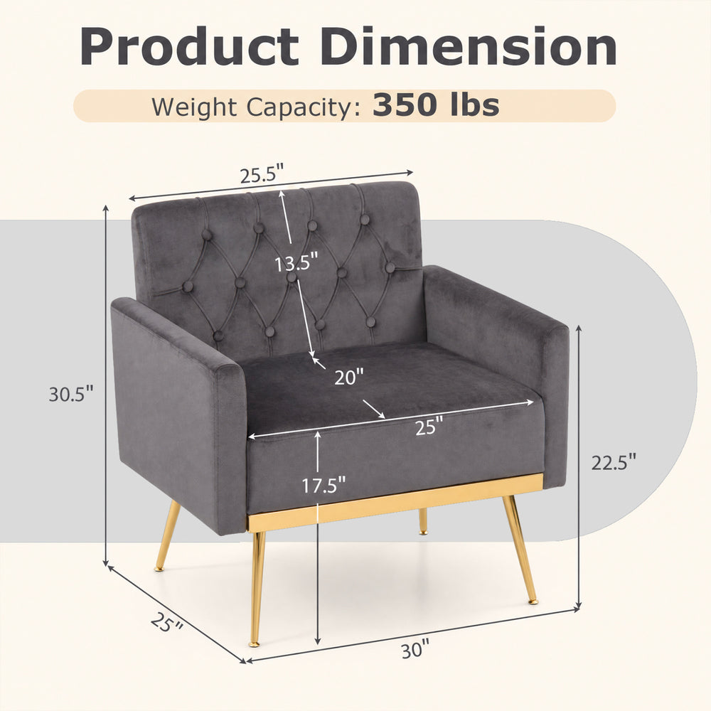 Gray modern velvet upholstered accent chair with button-tufted back, adjustable feet, and a weight capacity of 350 lbs.
