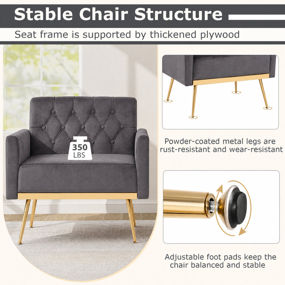 Modern gray velvet accent chair with button-tufted back, adjustable feet, and heavy-duty metal legs for stability.