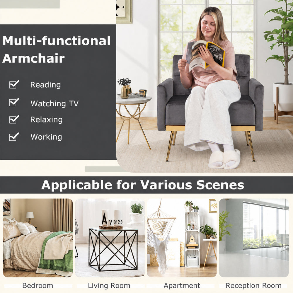 Modern gray velvet accent chair with button-tufted backrest, ideal for reading, relaxing, or working in various rooms.
