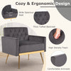 Modern gray velvet accent chair with button-tufted backrest and comfortable armrests, perfect for living rooms or offices.