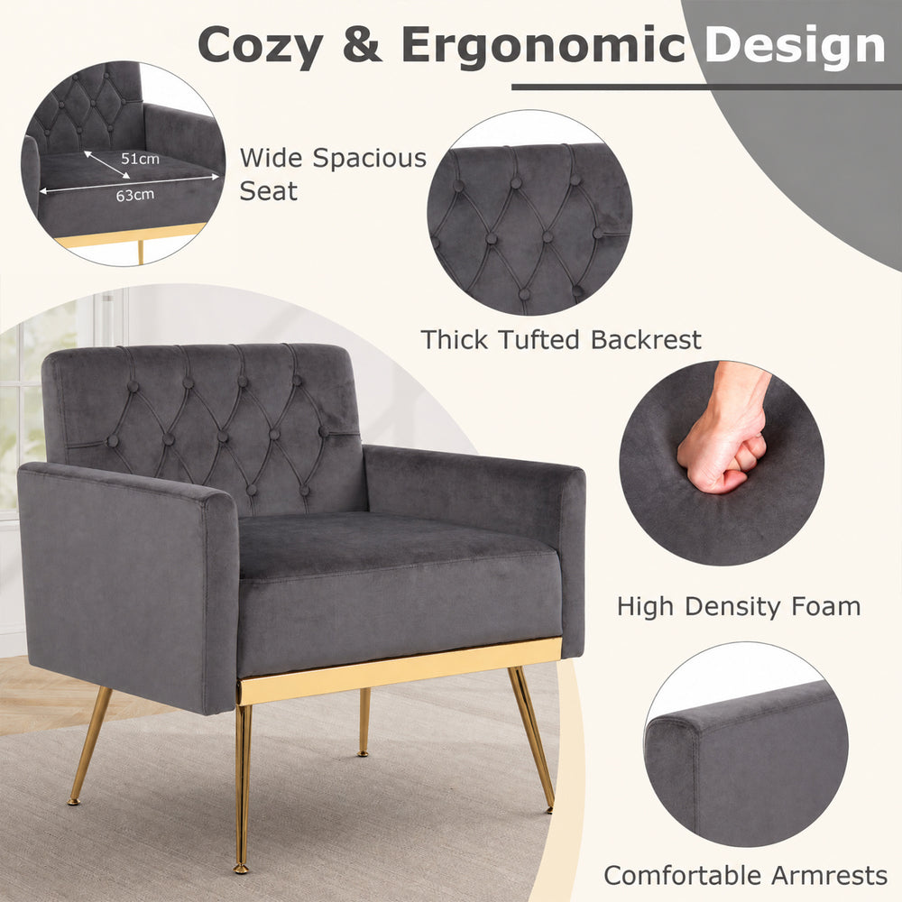 Modern gray velvet accent chair with button-tufted backrest and comfortable armrests, perfect for living rooms or offices.