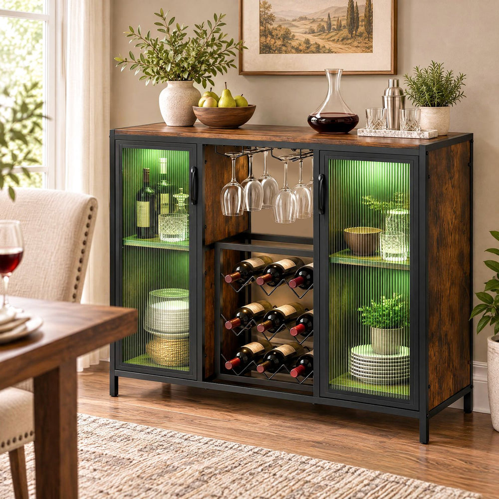 Modern wine cabinet in rustic brown with LED lights, featuring a spacious top surface for serving drinks and displays.