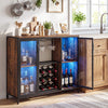 Rustic brown modern wine cabinet featuring LED lights, remote control, and storage for 9 bottles and 6 glasses.