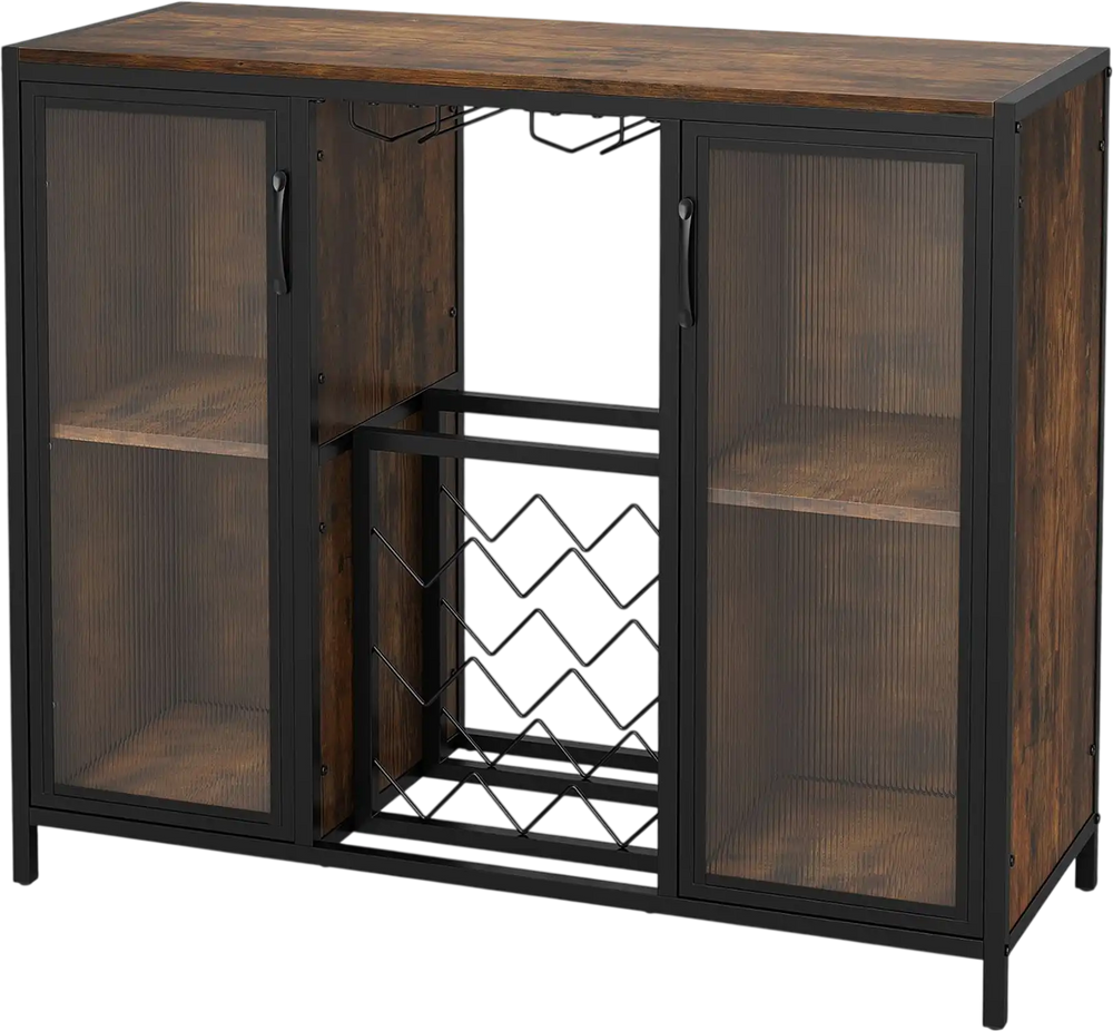 Rustic brown modern wine cabinet featuring LED lights, fluted doors, and storage for 9 bottles and 6 glasses, perfect for entertaining.