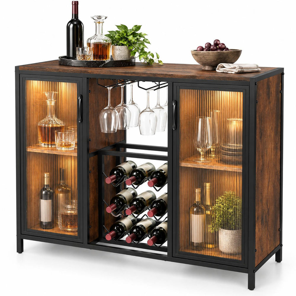 Modern wine cabinet in rustic brown with LED lights, featuring storage for 9 bottles and 6 glasses, perfect for entertaining.