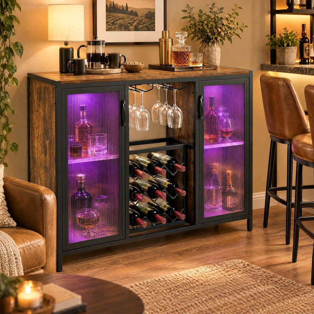 Modern wine cabinet in rustic brown with LED lights, featuring fluted doors and storage for 9 bottles and 6 glasses.