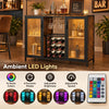 Modern wine cabinet in rustic brown with LED lights, remote control, and storage for 9 bottles and 6 glasses.