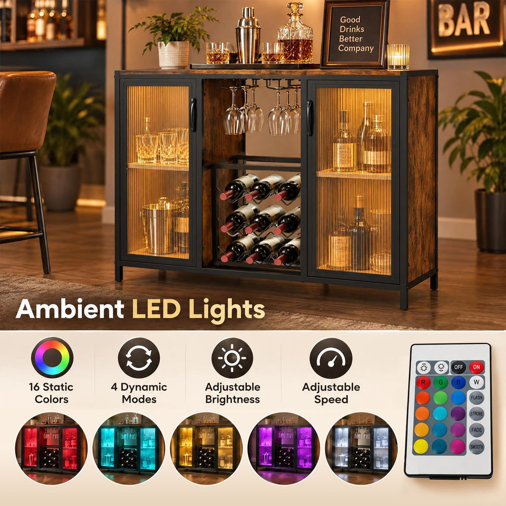 Modern wine cabinet in rustic brown with LED lights, remote control, and storage for 9 bottles and 6 glasses.
