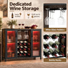 Modern wine cabinet in rustic brown with LED lights, holding 9 bottles and 6 glasses, perfect for kitchen or living room.