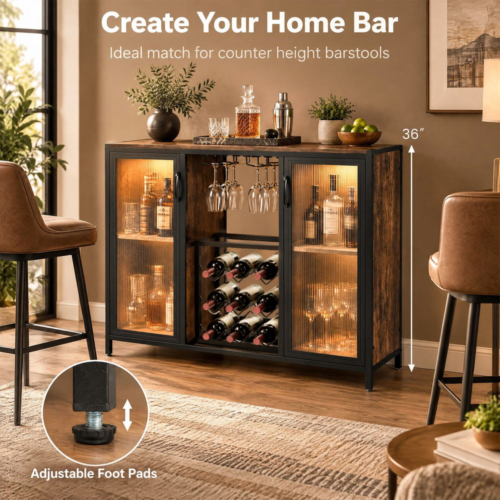 Modern wine cabinet in rustic brown with LED lights, ideal for serving drinks and storing 9 bottles at counter height.