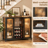 Modern wine cabinet in rustic brown with LED lights, fluted see-through doors, and storage for 9 bottles and 6 glasses.