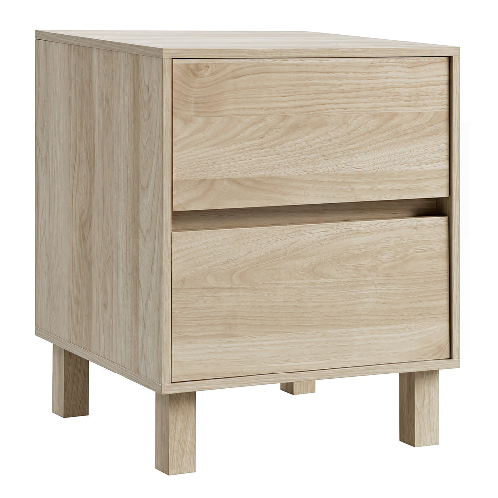 Modern wooden end table in natural finish with 2 storage drawers, perfect for minimalist home decor and daily storage.