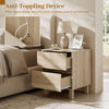 Modern wooden end table with two storage drawers in natural finish, featuring anti-toppling device for added stability.