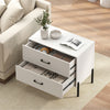 White modern wooden nightstand with two drawers, metal legs, and handles, perfect for bedroom or office storage.