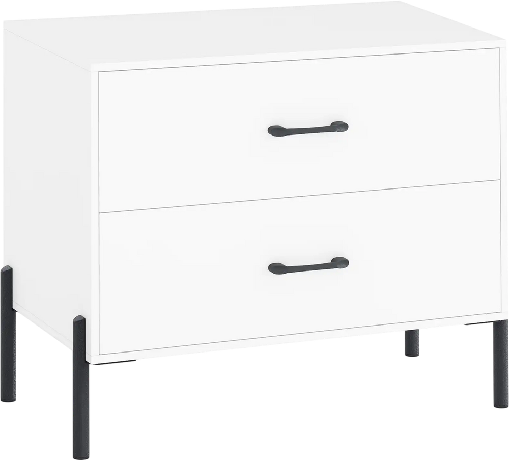 Modern white 2-drawer nightstand with metal legs and handles, perfect for bedroom or office storage.