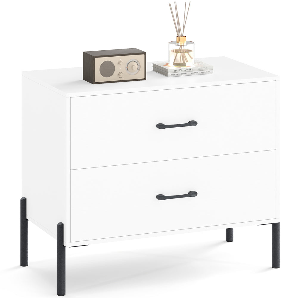 Modern white 2-drawer nightstand with metal legs and handles, perfect for bedroom or office storage and style.