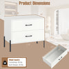 Modern wooden 2-drawer nightstand in white with metal legs, showcasing dimensions and spacious storage for bedroom or.
