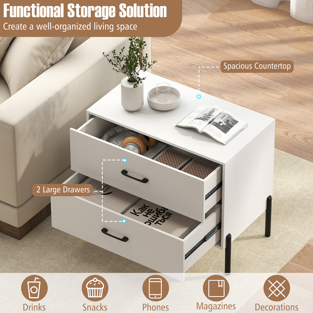 Modern wooden nightstand with two large drawers and metal legs, perfect for bedroom or office organization.