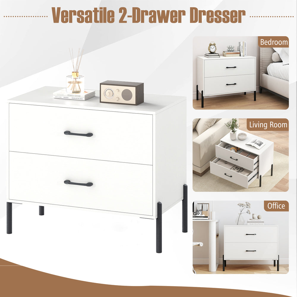 White modern wooden 2-drawer nightstand with metal legs, ideal for bedroom or office storage and organization.