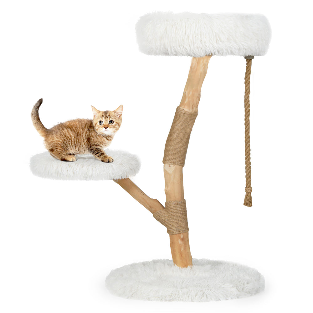 Three-tier modern wooden cat tree with plush fabric, natural jute scratching posts, and cozy top perch for lounging.