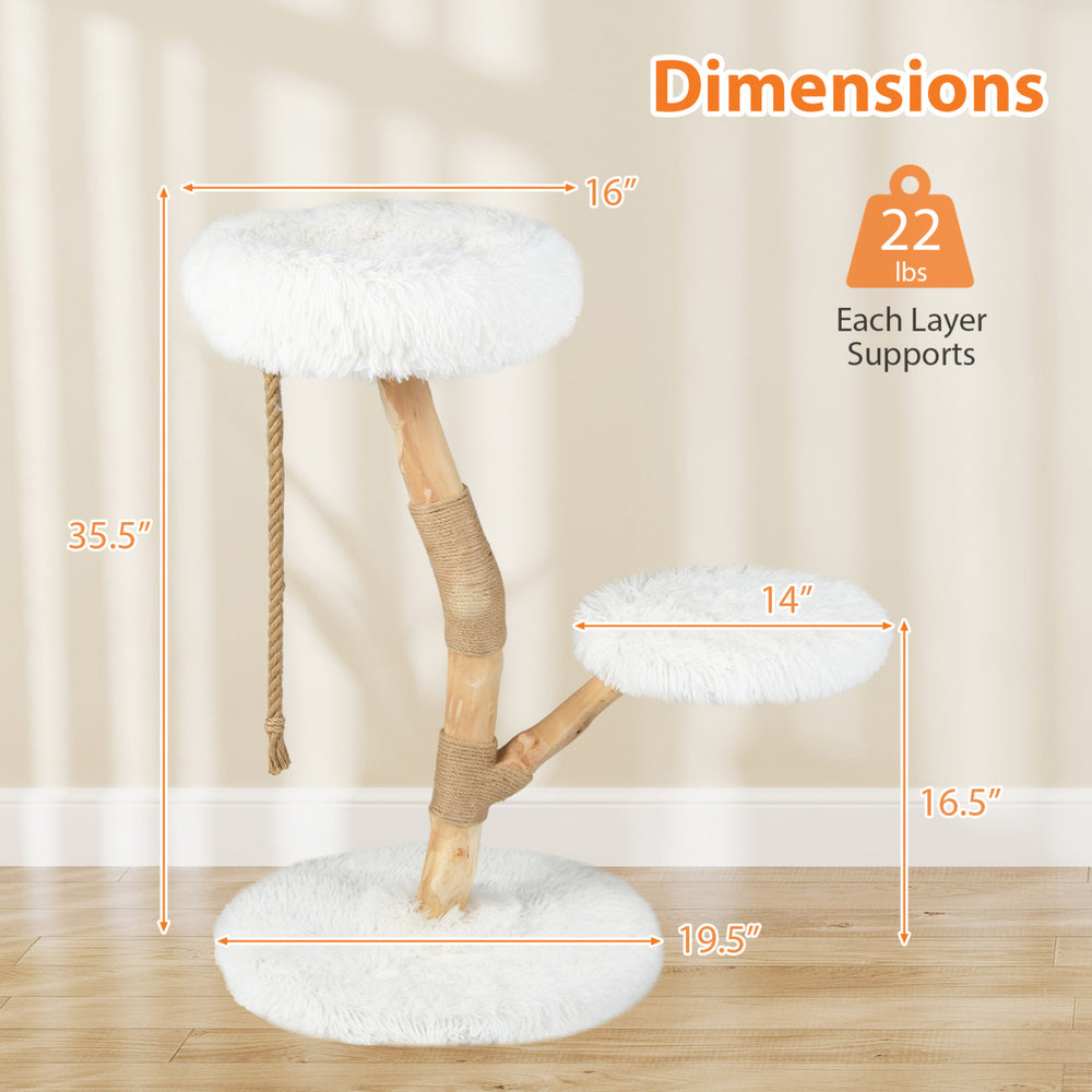 Modern wooden cat tree tower with white plush covering, featuring a cozy perch and natural jute scratching posts for climbing.