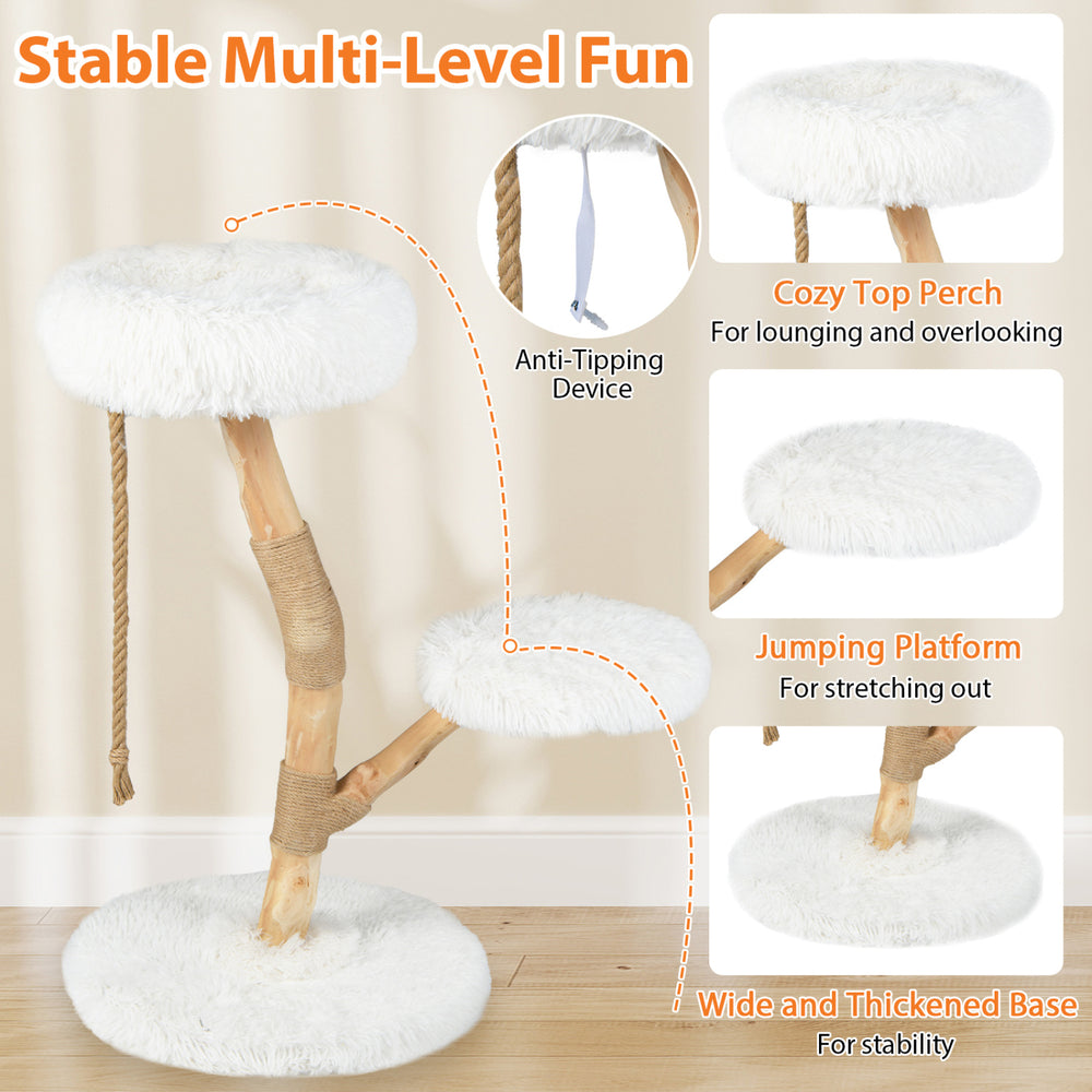 Modern wooden cat tree tower featuring a cozy white top perch, natural jute scratching posts, and a stable wide base.