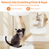 Modern wooden cat tree tower with natural jute scratching posts, featuring a cozy perch and three-tier design for climbing.