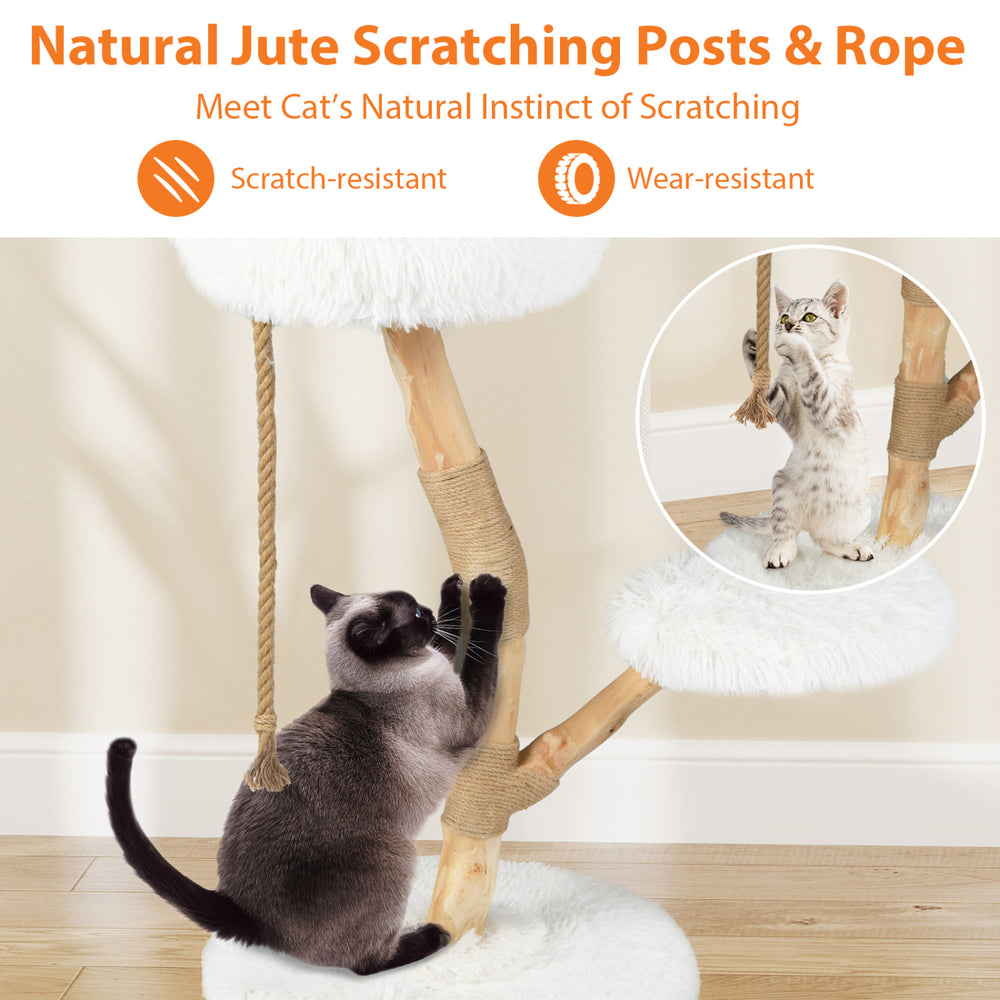 Modern wooden cat tree tower with natural jute scratching posts, featuring a cozy perch and three-tier design for climbing.