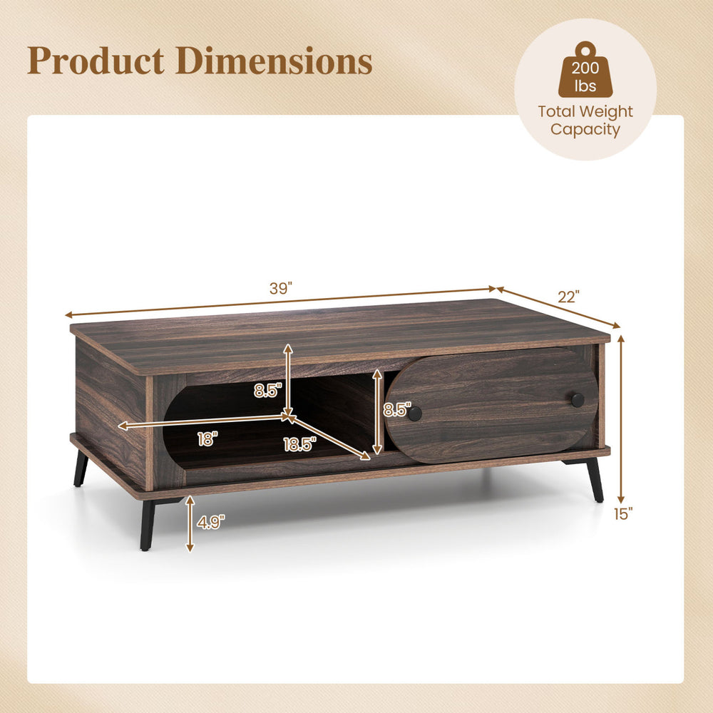 Modern walnut center table with two compartments and sturdy metal legs, perfect for living room storage and organization.