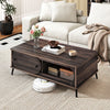 Modern walnut wooden center table with two compartments and sturdy metal legs, perfect for living room storage and style.