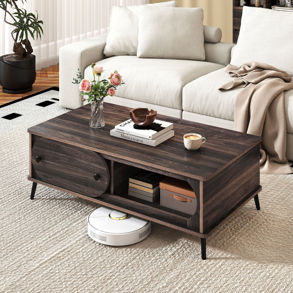 Modern walnut wooden center table with two compartments and sturdy metal legs, perfect for living room storage and style.